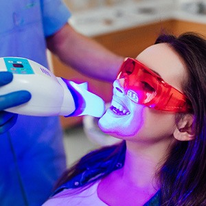 Dentist applying UV light to woman’s in-office whitening treatment